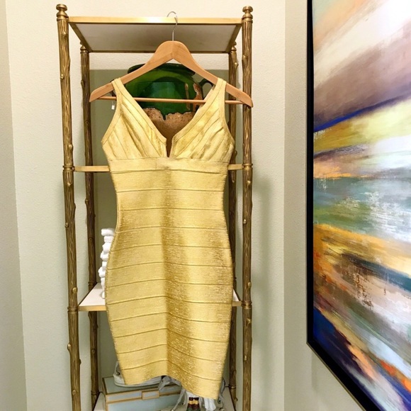 Herve Leger | Dresses | Herve Leger Sexy Gold Cocktail Bandage Midi Dress |  Poshmark